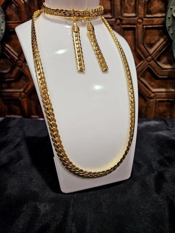 18K/Italy Stamped Yellow Gold Filled Chain & Bracelet & Earrings-Bonus Gift