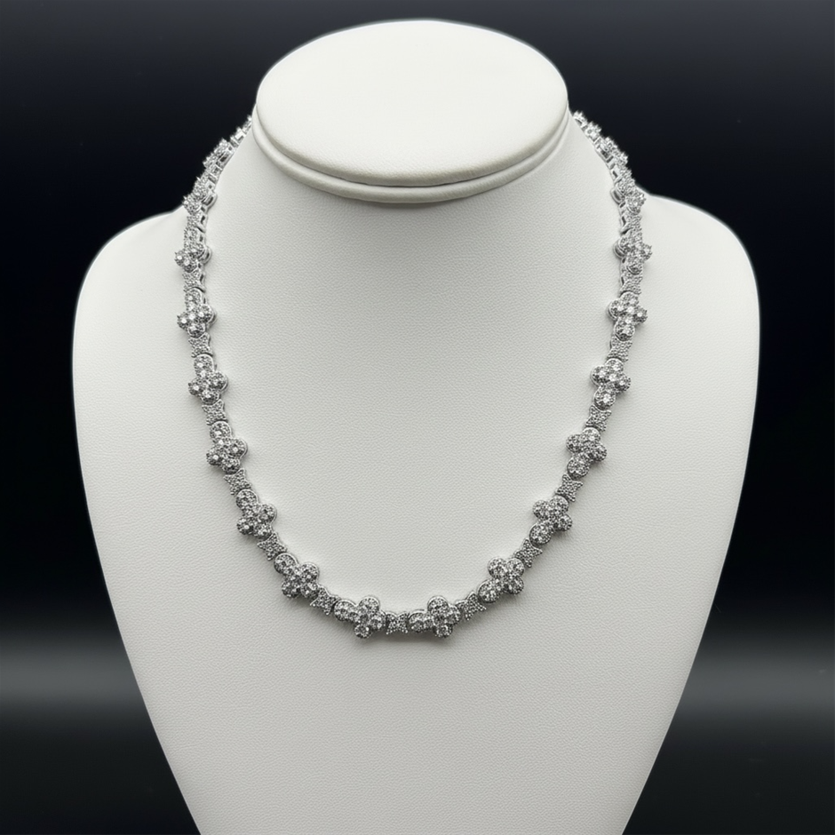 18K Silver-Filled Cross & Flower Necklace with Simulated Diamonds - 55.8cm