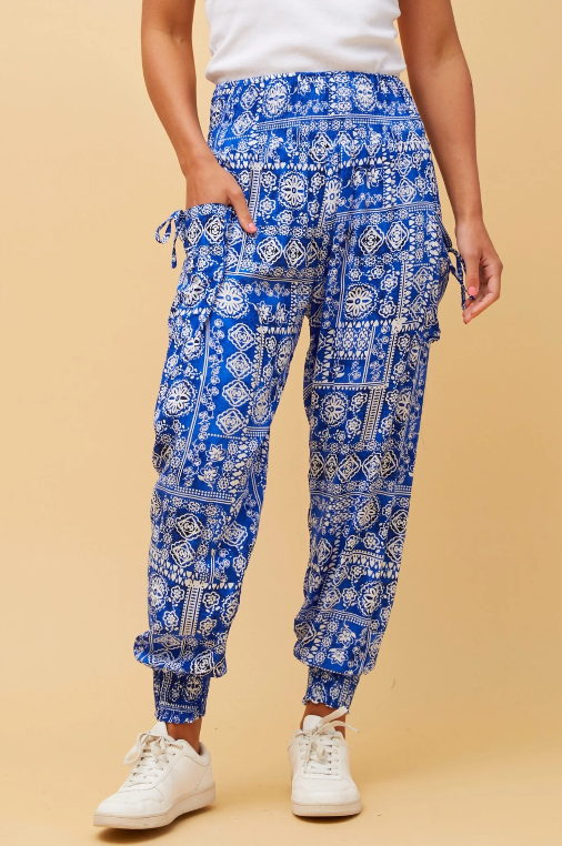 CAROLINE MORGAN Women`s Floral Boho Harem Pants Size 18 Blue