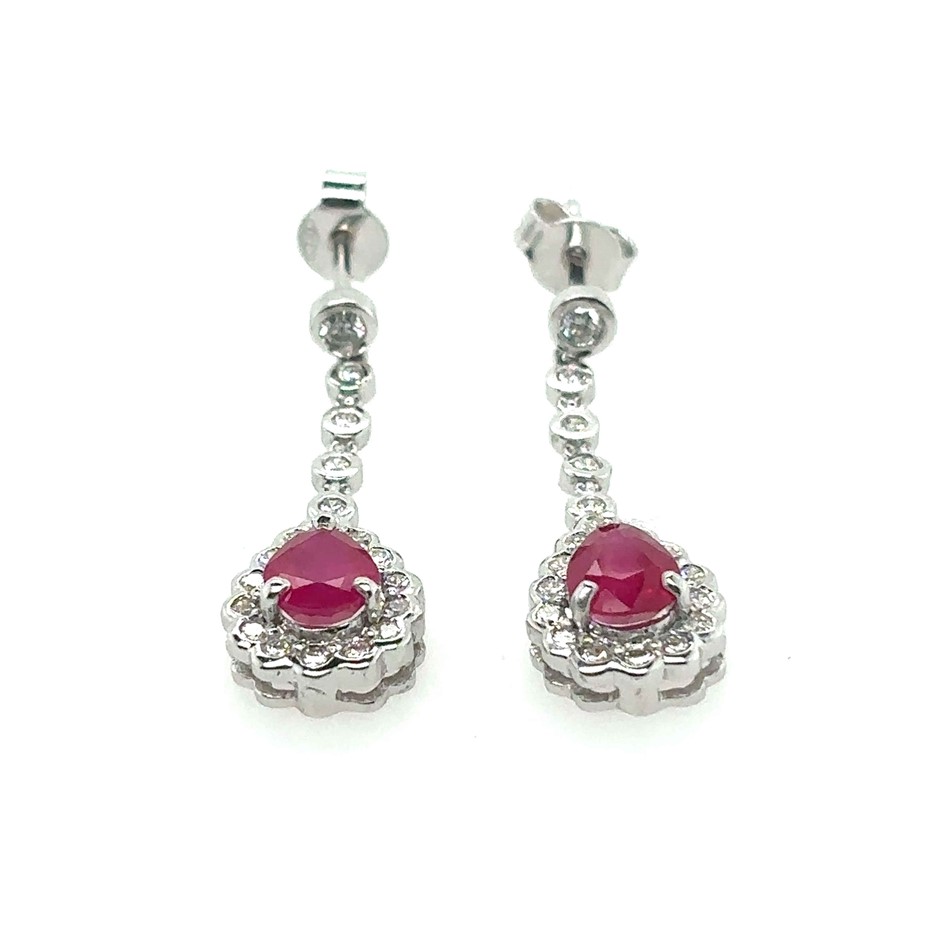 1.68ct 2 pear Burmese Rubies & 0.35ct 38 Stones Round Dia. G/SI Earrings