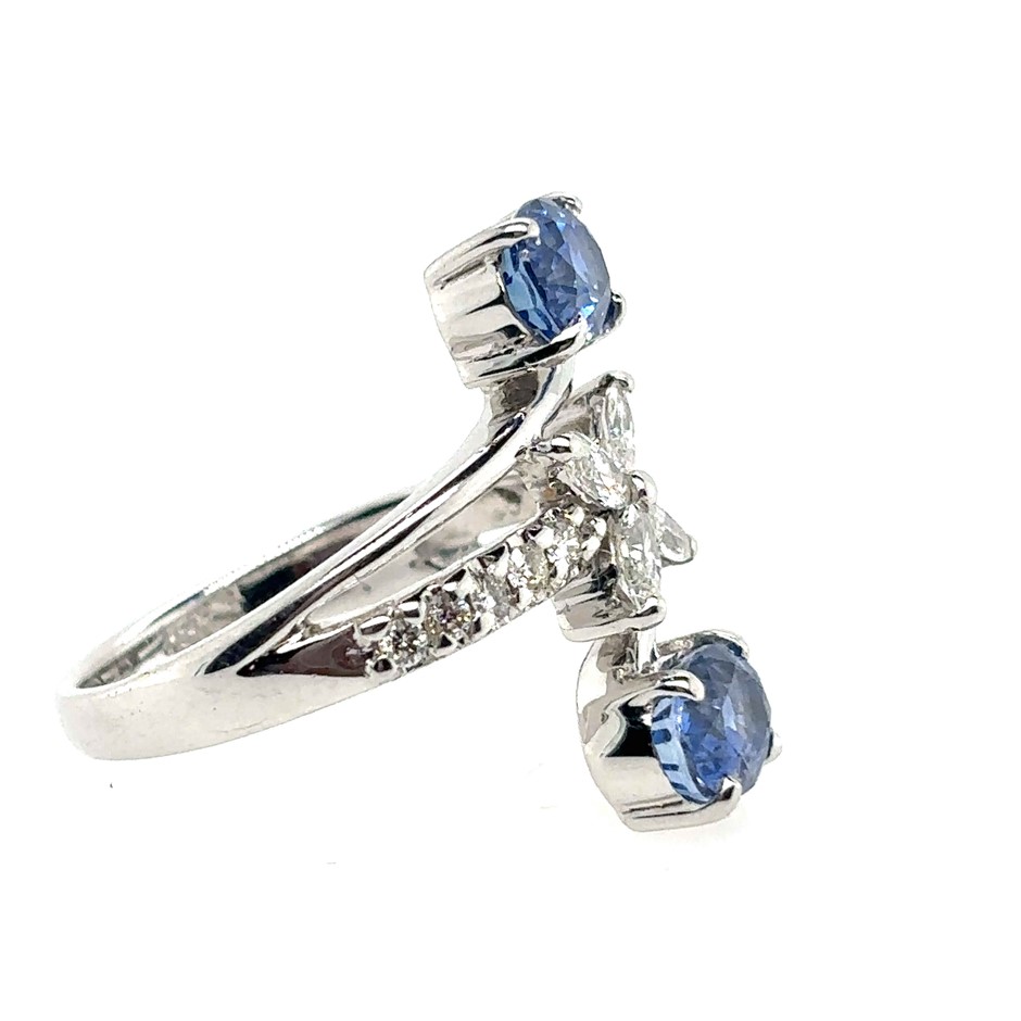 2.74ct 2 Ceylon Blue Sapphire & 0.38ct 4 Marquise Dia. & 10 Dia. F/VS Ring