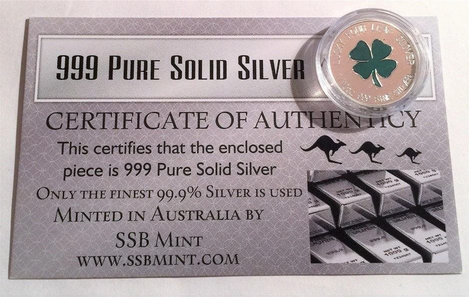 LUCKY FOUR LEAF CLOVER 1/10th Oz 999.0 Pure Solid Silver Coin Irish, C.O.A.