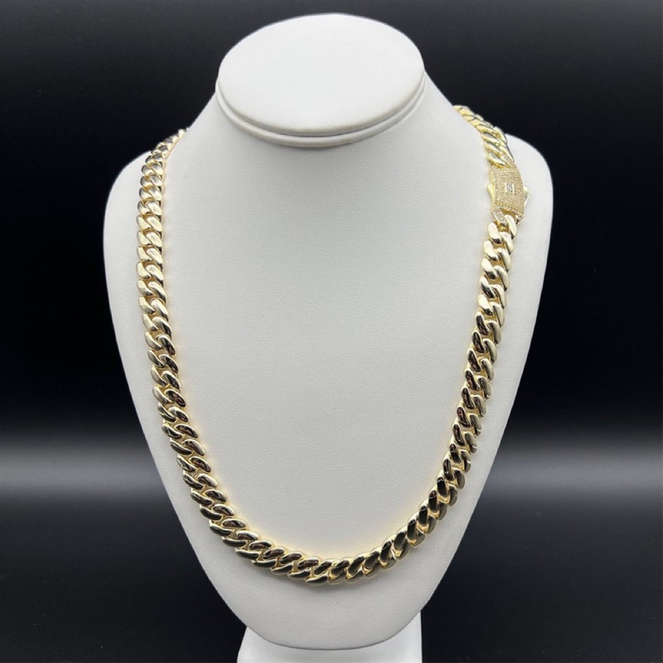 14K Gold-Filled Solid Cuban Necklace, Simulated Diamonds, 10MM Wide -60.9cm