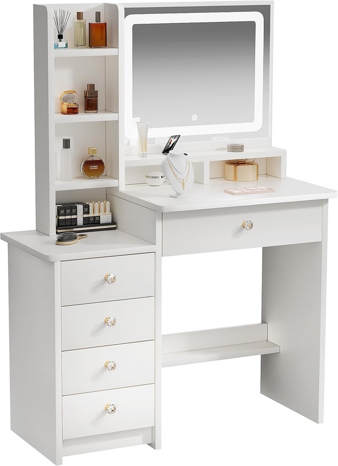 ZENKIHOME White Vanity Desk with Large Mirror and Adjustable Lights, 90cm D