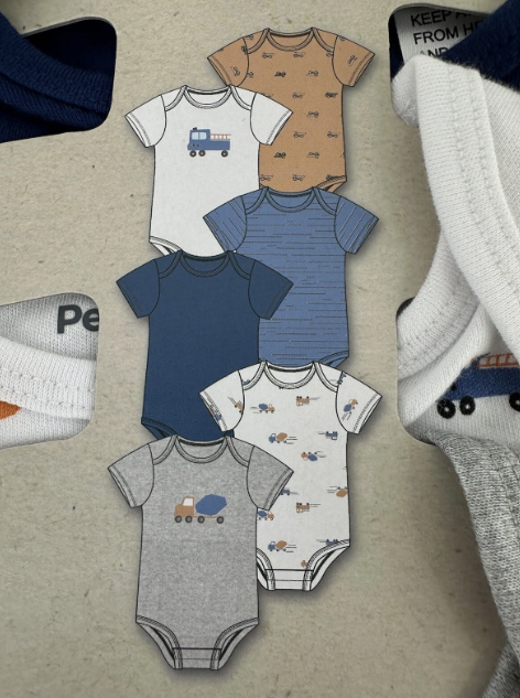 6pc PEKKLE Baby's Bodysuits, Size 12M, Truck (100).