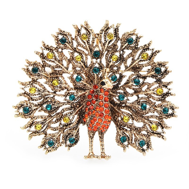 Designer Simulated Diamond Orange, Blue & Yellow Peacock Brooch Pin