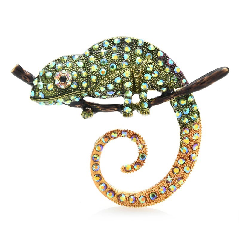 Designer Simulated Diamond Green & Gold Chameleon Lizard Brooch Pin