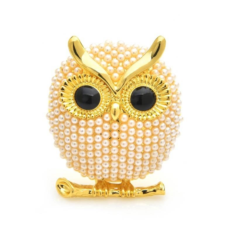 Designer Simulated Pearl Owl Brooch Pin in Gold