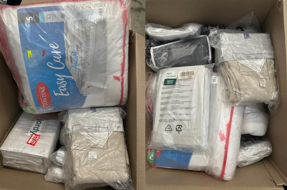 BOX OF ASSORTED BEDDING & HOME LINEN: Mattress Protectors, Throws, Pillows,