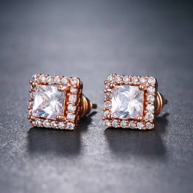 Designer Statement Simulated Diamond Square Earrings in Rose