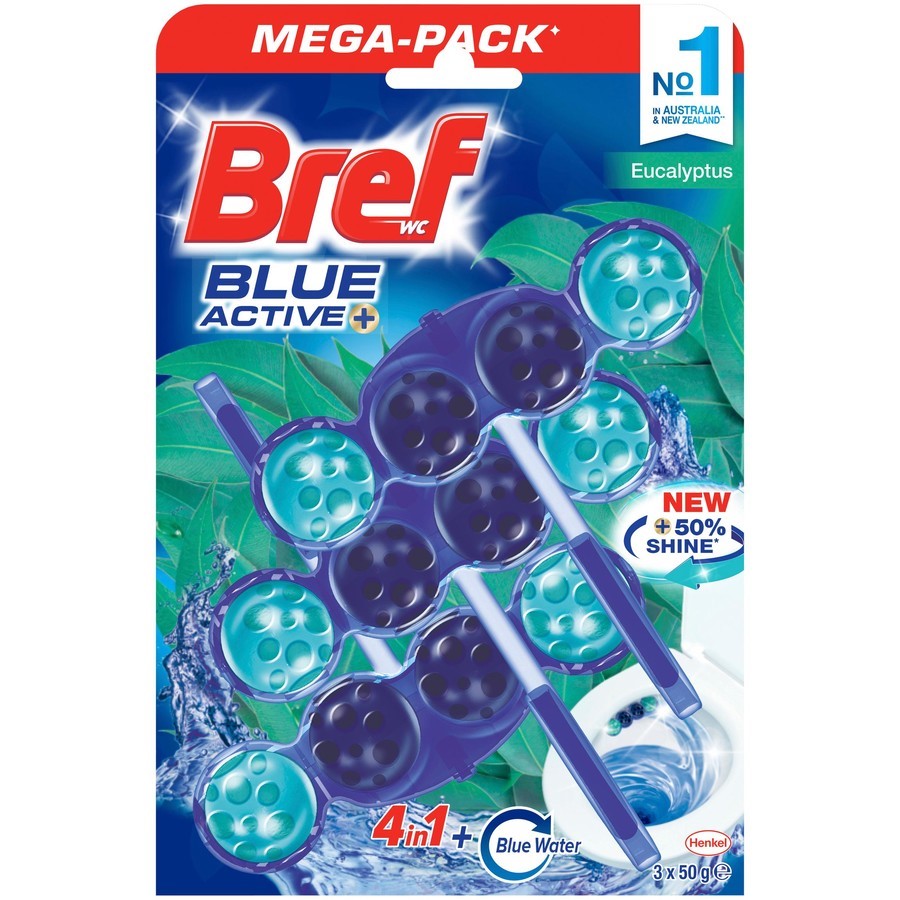 3 x BREF 3pk Blue Active Rim Block Toilet Cleaner, Eucalyptus. NB: Damaged