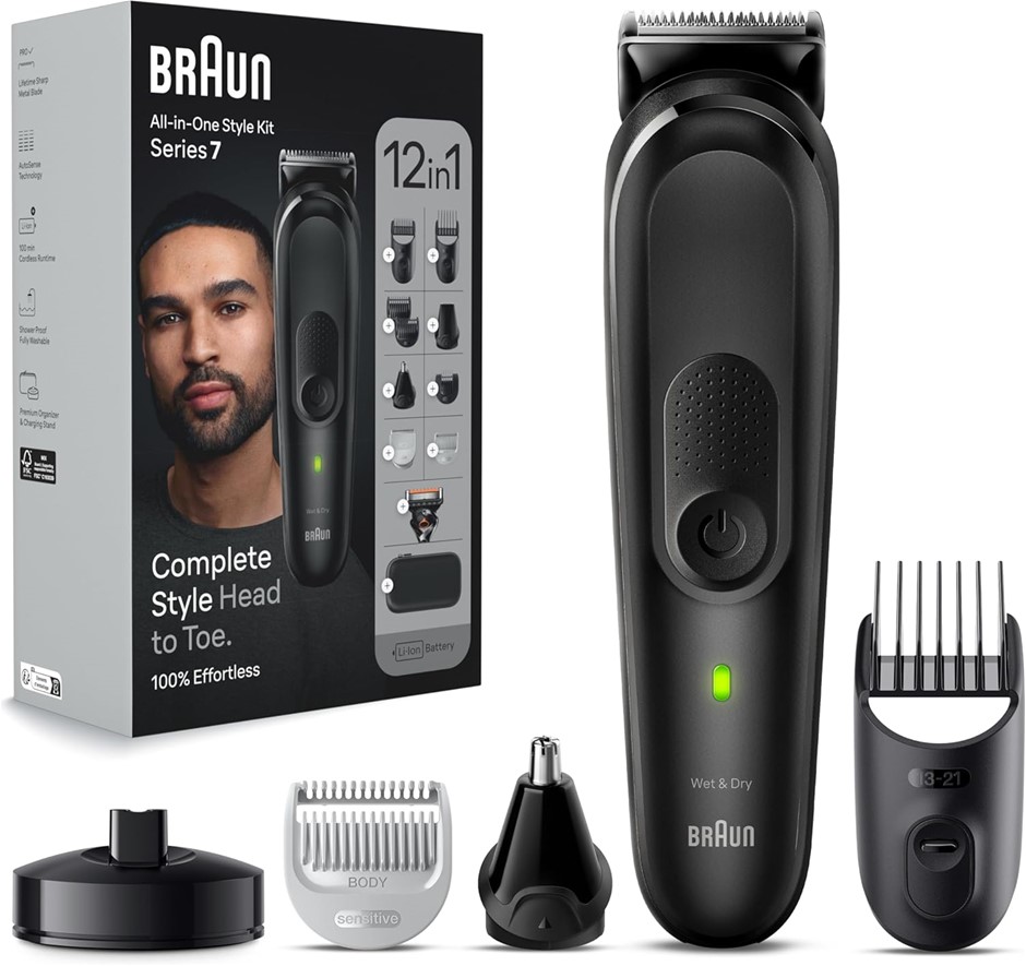 BRAUN Series 7 All-In-One Beard Care Body Groomer Set, MGK7460. NB: Damaged