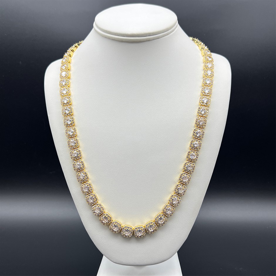 18K Gold - Filled Clustered Necklace Simulated Diamonds, 12MM Wide - 55.8cm