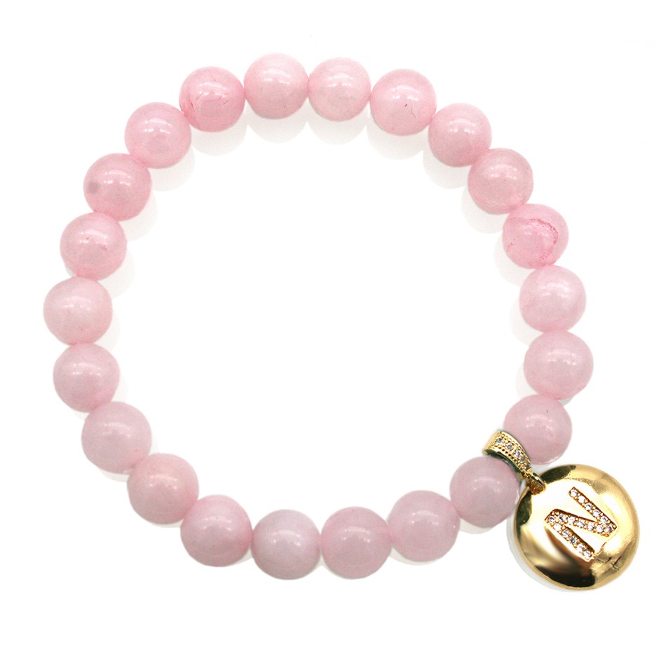 Round Rose Quartz & Letter 'N' Gold Plated with CZ Bracelet