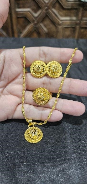 Set 24k Triple Yellow Gold plated Earrings & Ring & Pendant & Chain-stamped