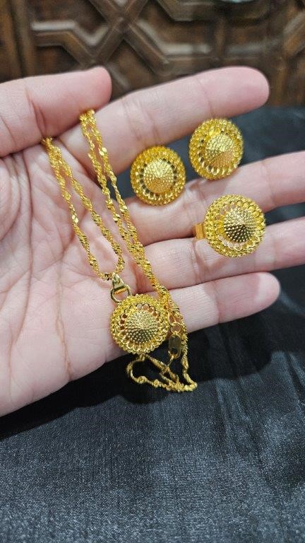 Set 24k Triple Yellow Gold plated Earrings & Ring & Pendant & Chain-stamped