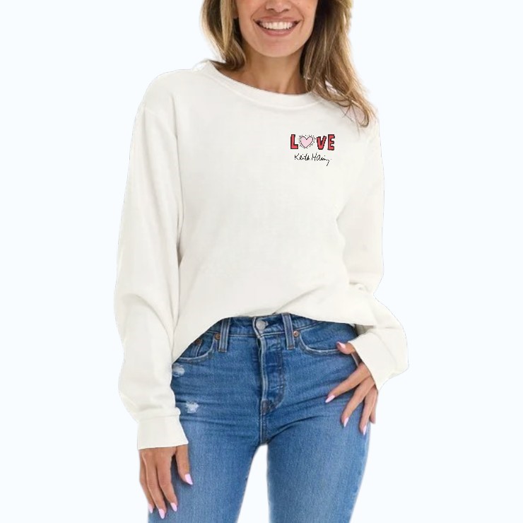 KEITH HARING Women's Fleece Sweatshirt, Size S, Ivory.