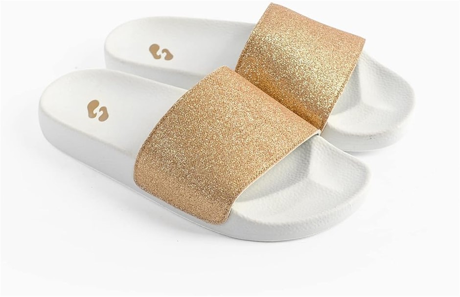 LEEDO BY SOLEMATE Women's Sparkle Slides, US7/EU38, White/Bronze, PU8656T.