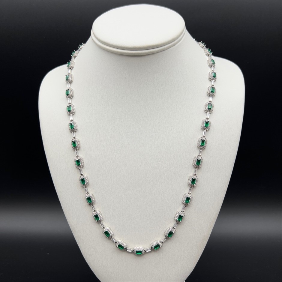 18K White Gold-Filled Chain Necklace with Simulated Diamonds - 55.8cm