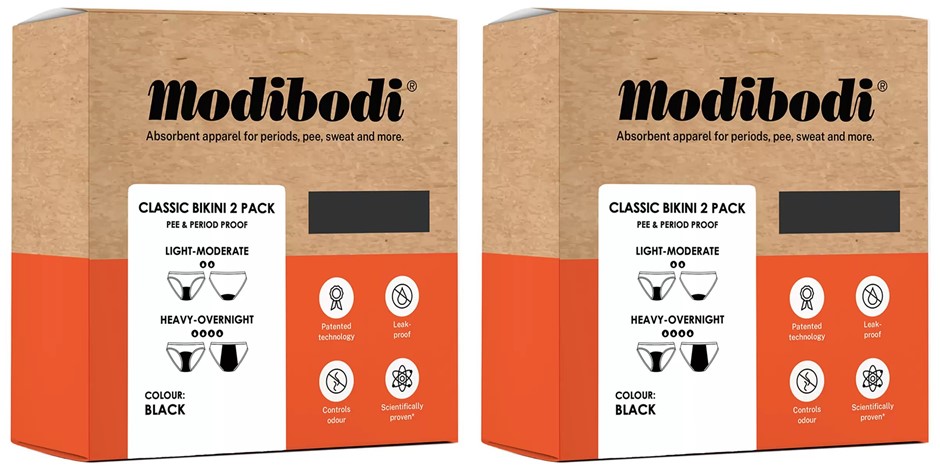 2 x MODIBODI Classic Bikini Bottom 2 Pack, AU 14, Black. Period Proof Absor
