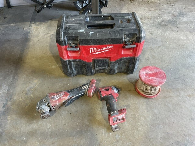 Milwaukee Drill, Grinder, Filter and Tool Box
