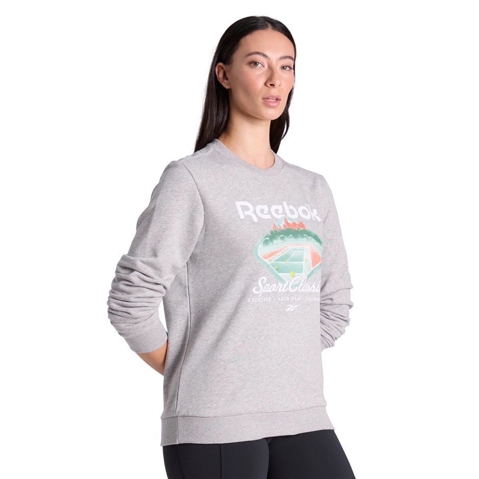 REEBOK Women's Court Sport FT Crew Sweatshirt, Medium Grey Heather, Small