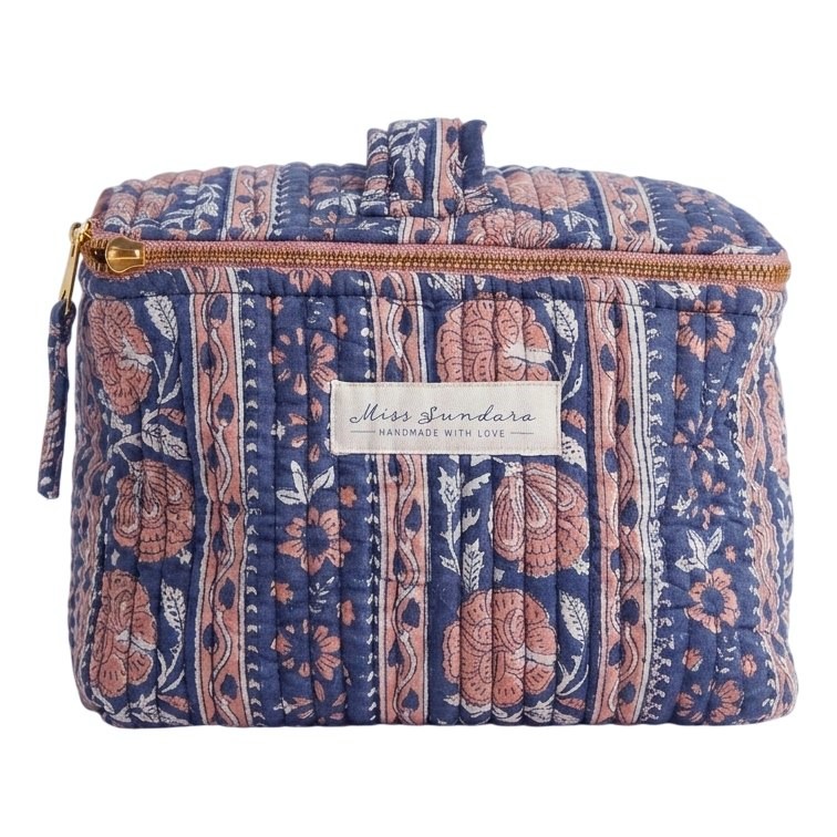 MISS SUNDARA Block Print Weekender Vanity Cosmetic Bag, Floral Pink/Blue