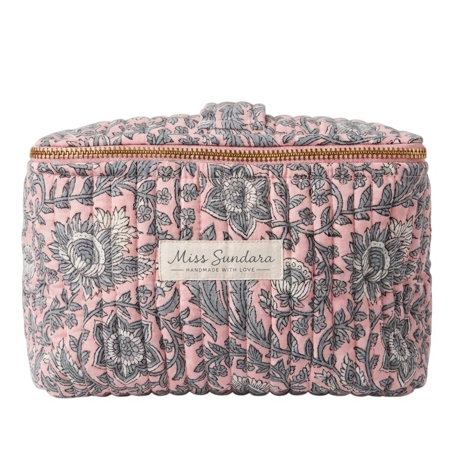 MISS SUNDARA Block Print Weekender Vanity Cosmetic Bag, Botanical Floral