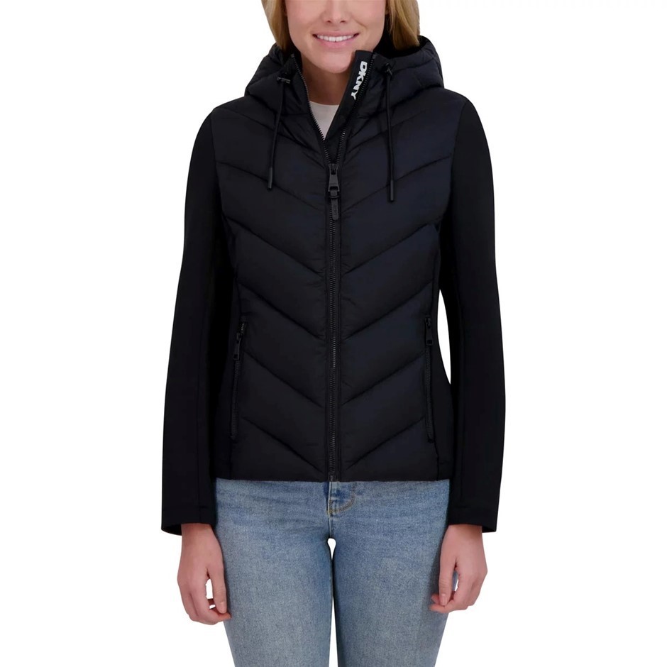 DKNY Women's Mixed Media Jacket, Size L, Black.