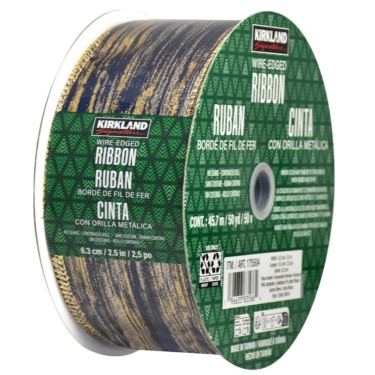 6 x SIGNATURE Wire-Edged Ribbon, Blue-Gold Stripes, 45.7m / 50yd.
