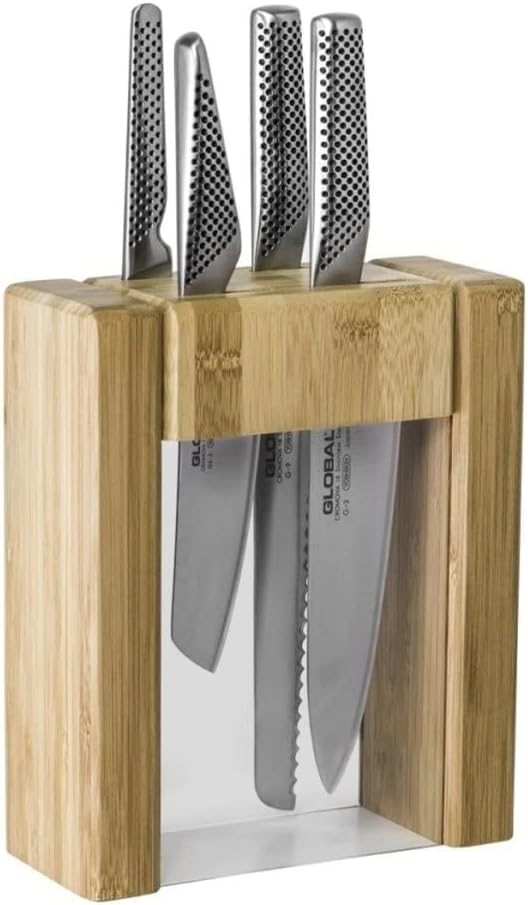 GLOBAL IKASU V 5-Piece Knife Block Set, Made in Japan, Bamboo Storage Block