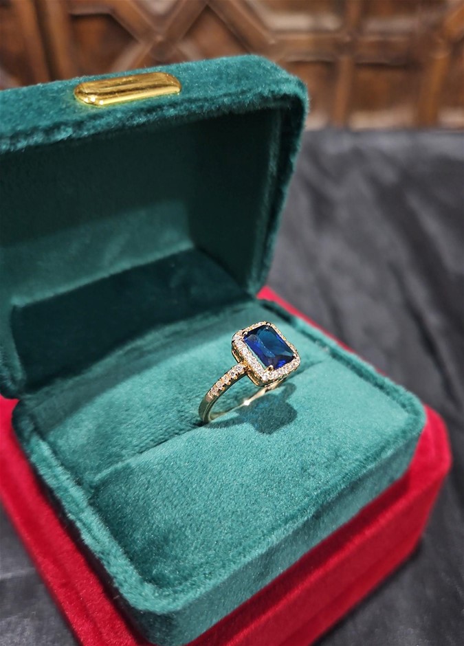 18K/Italy 2.5ct Blue Emerald Cut Yellow Gold Filled Ring(stamped)-9US