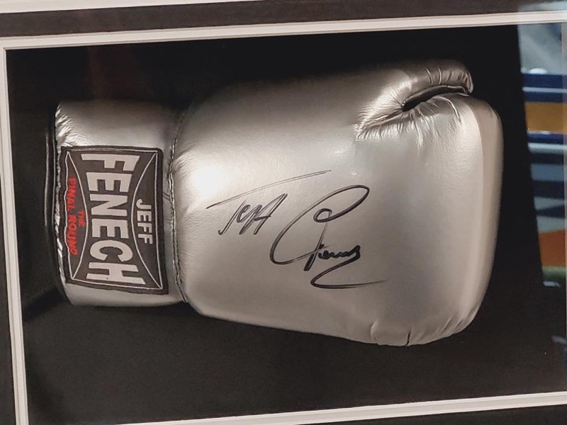 AZUMAH NELSON AND JEFF FENECH SIGNED BOXING GLOVES IN FRAMED DISPLAY