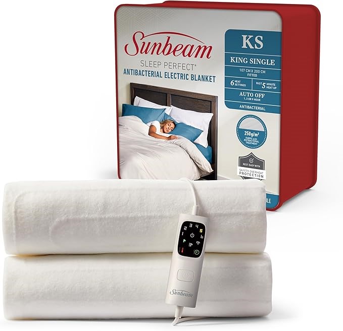 SUNBEAM Sleep Perfect Antibacterial Electric Blanket, King Single. Fully Fi
