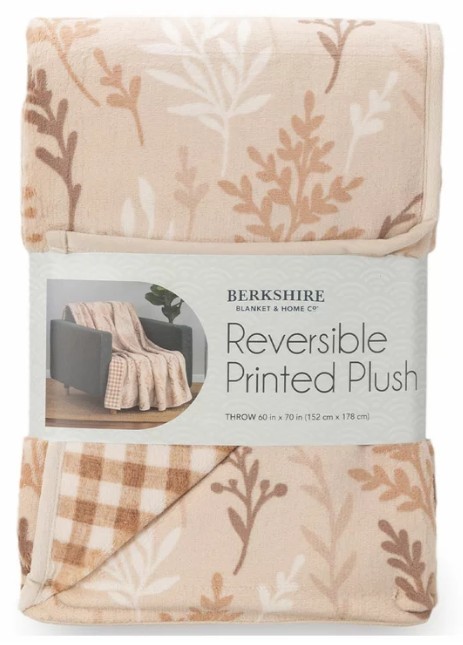 BERKSHIRE LIFE Reversible Printed Plush Throw, 152cm x 178cm, Leaves.