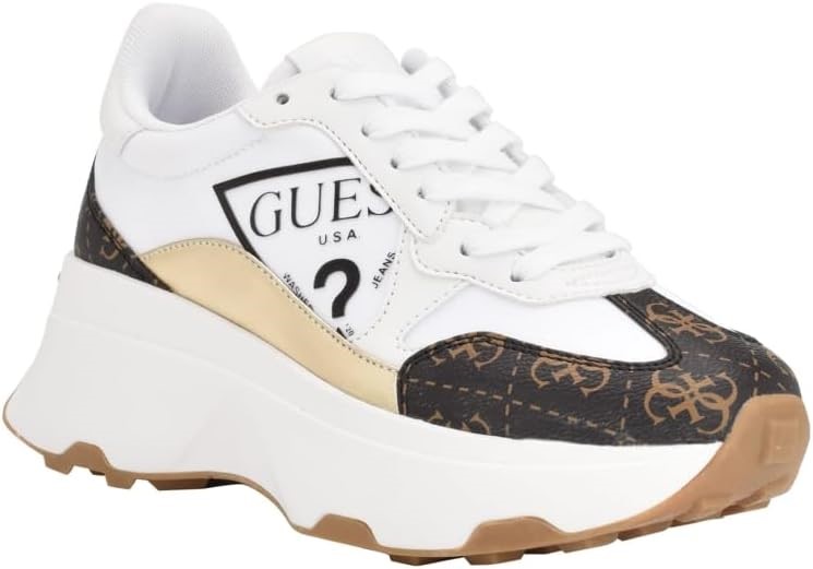 GUESS Women's Calebb3 Sneaker, Size 9.5M, White/Brown Multi, GWCALEBB5. Bu