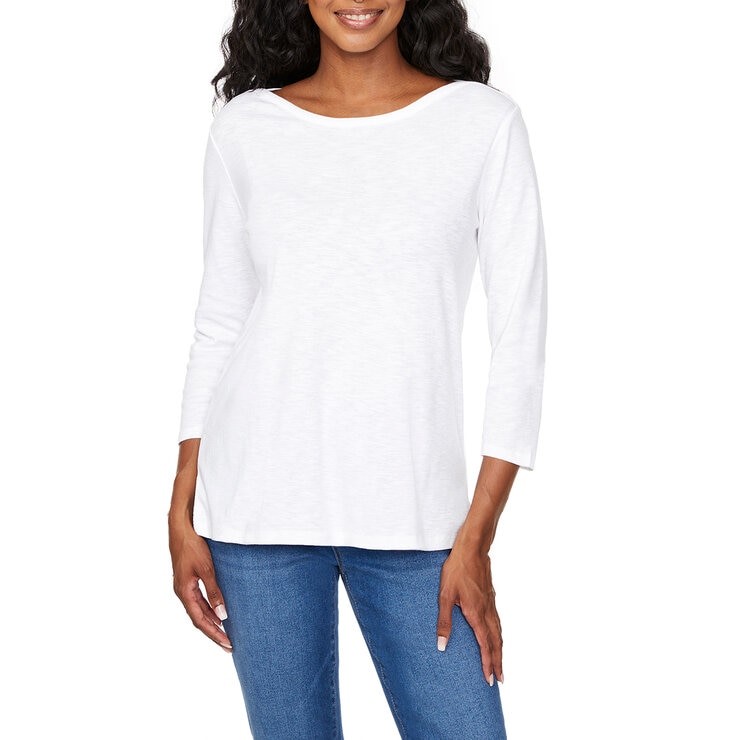 3 x SIGNATURE Women's 3/4 Sleeve Boatneck Slub Tee, Size S, 100% Cotton, Wh