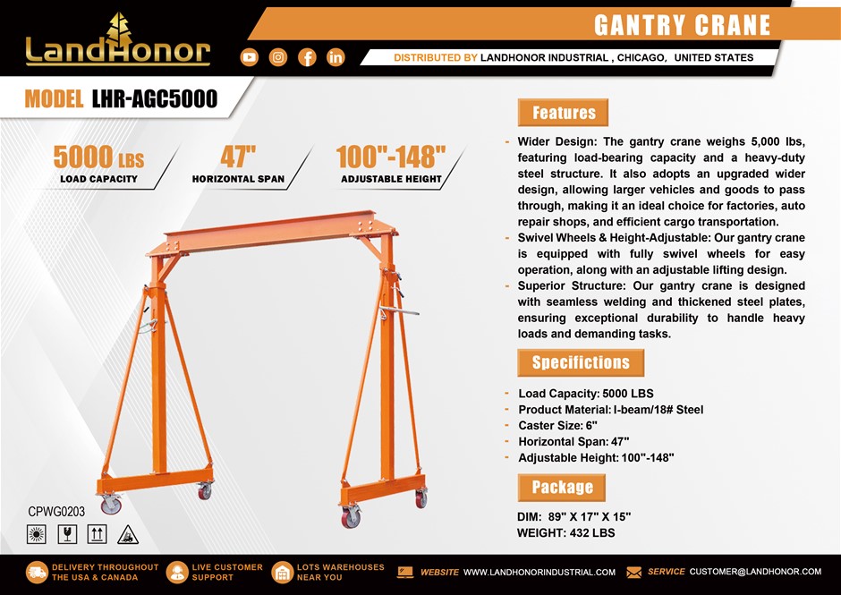 2026 Unused LandHonor 5000-LB Gantry Crane LHR-AGC5000