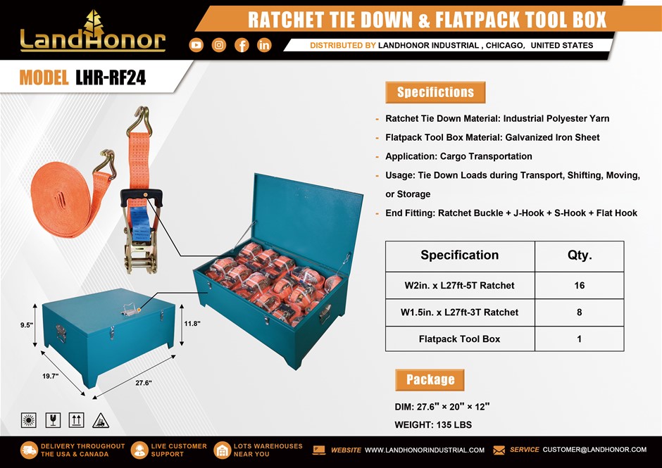 2026 Unused LandHonor Ratchet Tie Down & Flatpack Tool Box LHR-RF24