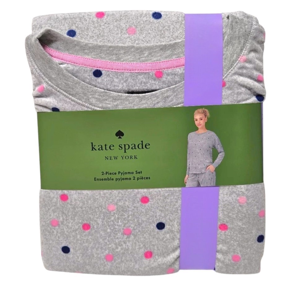 KATE SPADE Women's 2pc Velour Long PJ Set, Size XL, Grey/Dots. Buyers Note