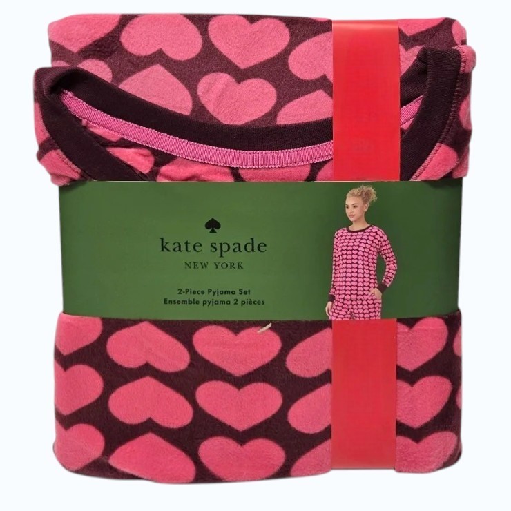 KATE SPADE Women's 2pc Velour Long PJ Set, Size M, Pink/Hearts. Buyers Not