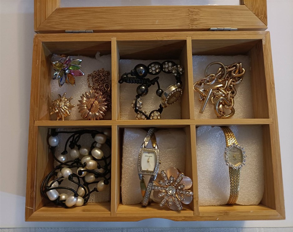 Misc Jewelries including Pierre Cardin Watch and Jewelry Box. Used