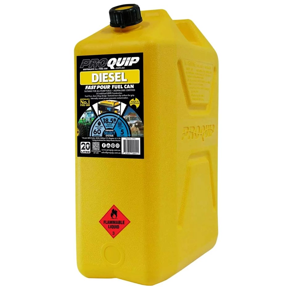 PRO QUIP Fast Pour Plastic Fuel Can 20L Diesel, Yellow. NB: Used.