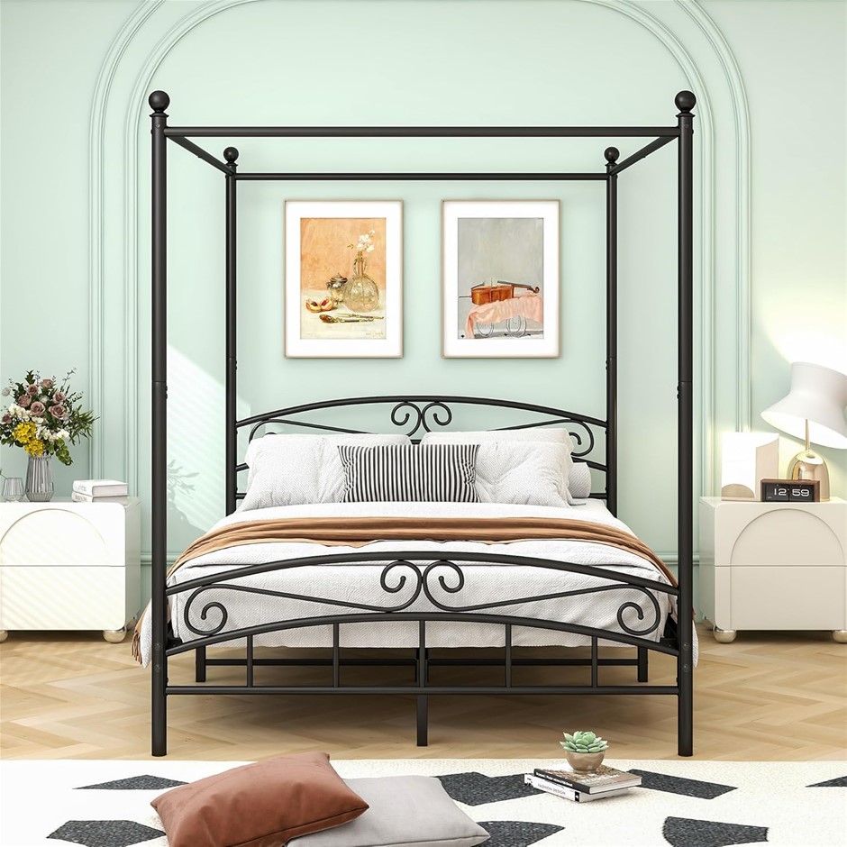 VECOCHO Queen Bed Frame Canopy Four Poster Bed with Metal Slat, Bed Frame Q