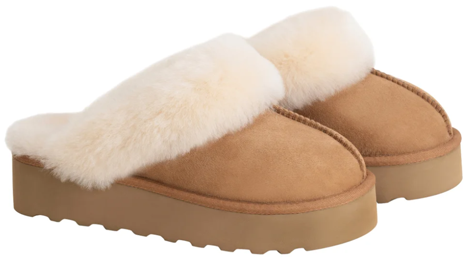 SIGNATURE Women's Shearling Platform Slippers, Size US8 / EU39, Tan.
