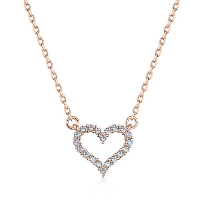 18K Rose Gold Filled Simulated Diamonds Hollow Heart Pendant Necklace