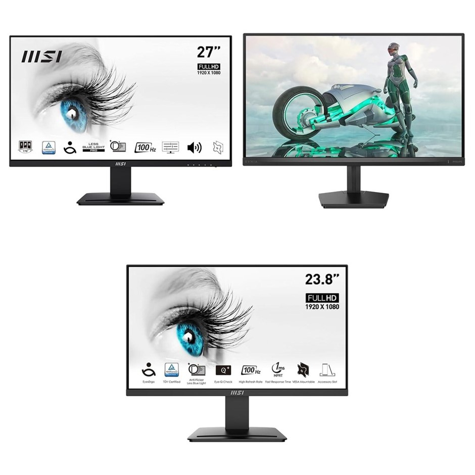 3 x Assorted Monitors, Incl: 1 x MSI PRO MP275Q 27in 1440p IPS 100Hz 1ms Mo