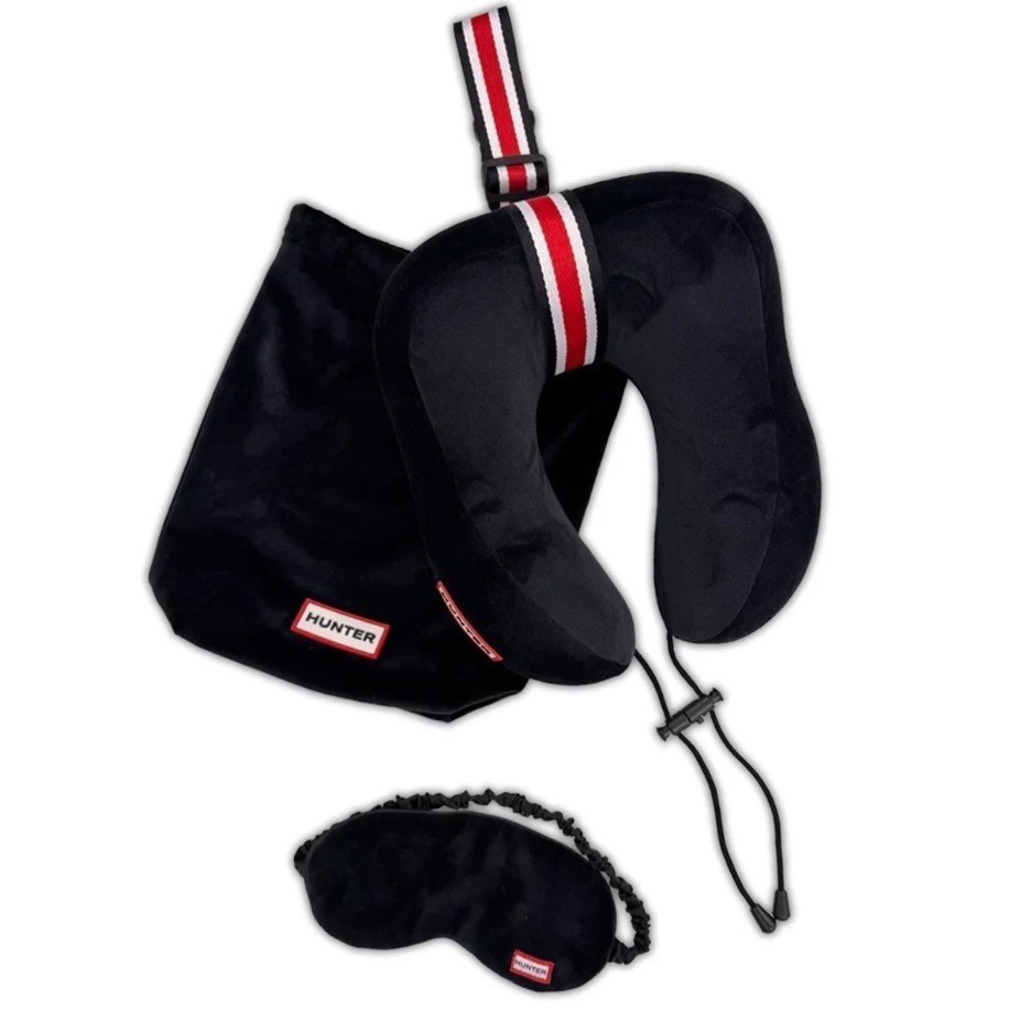 HUNTER Travel Pillow & Eye Mask 3-Piece Set, Black. NB: Damaged packaging.