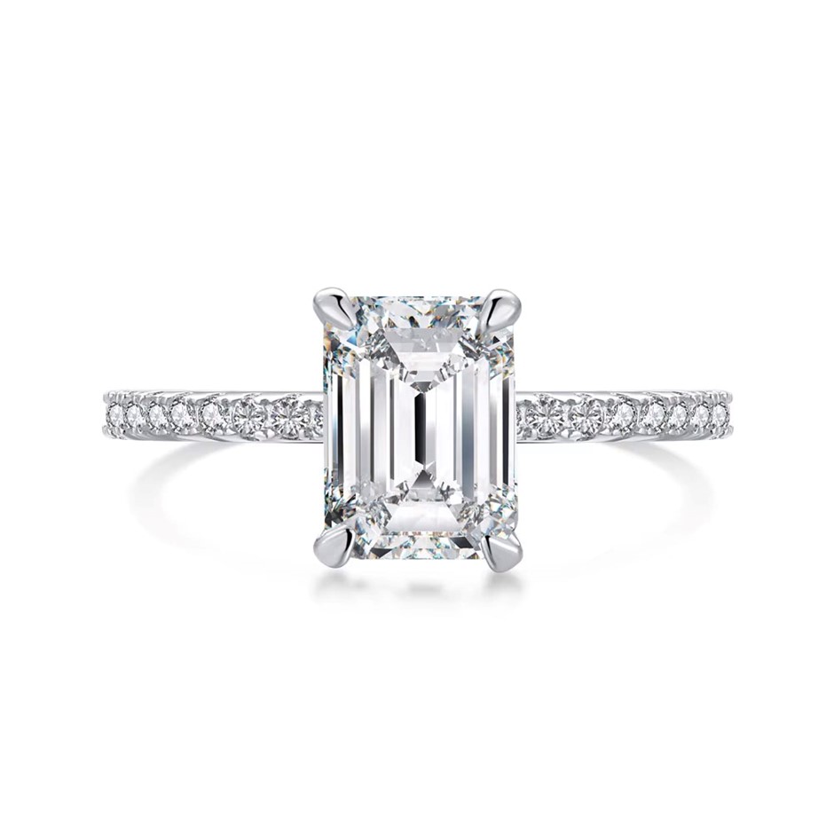 2.0ct Rectangle Cut GRA Certified Moissanite 925 Sterling Silver Ring