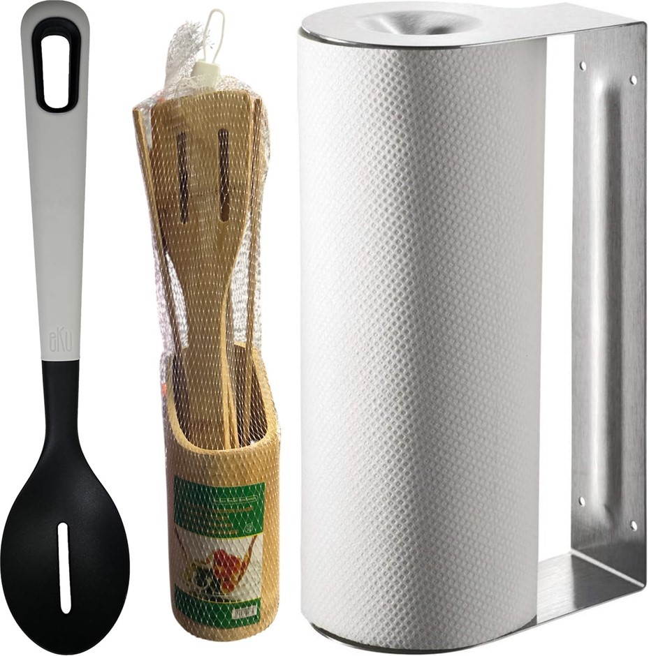 GEFU Butler Kitchen Roll Holder + Bamboo 5 Piece Cutlery + Eku Slotted Spoo